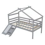 Cama alta Whisen 81.7L x 67.6W individual baja tipo casa con tobogán, escalera, barandillas de seguridad, marco de techo tipo casa