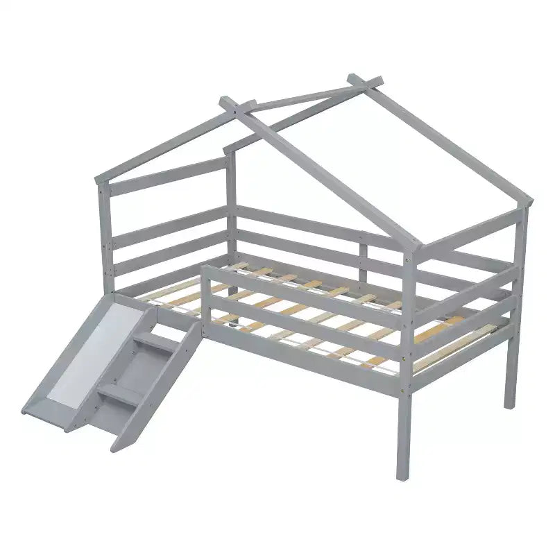 Cama alta Whisen 81.7L x 67.6W individual baja tipo casa con tobogán, escalera, barandillas de seguridad, marco de techo tipo casa
