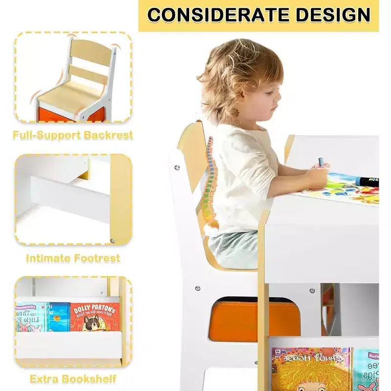 Kinder King Mesa y 2 sillas 3 en 1 para niños con almacenamiento, tapa extraíble y pizarra, para arte, manualidades, lectura