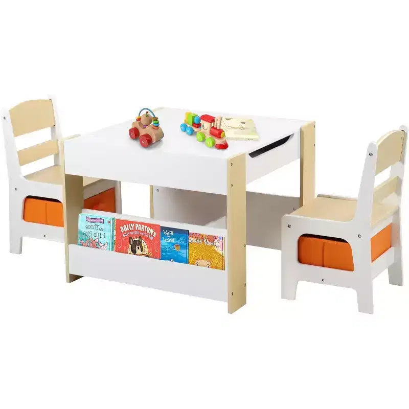 Kinder King Mesa y 2 sillas 3 en 1 para niños con almacenamiento, tapa extraíble y pizarra, para arte, manualidades, lectura