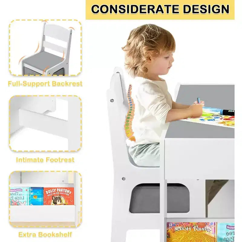 Kinder King Mesa y 2 sillas 3 en 1 para niños con almacenamiento, tapa extraíble y pizarra, para arte, manualidades, lectura