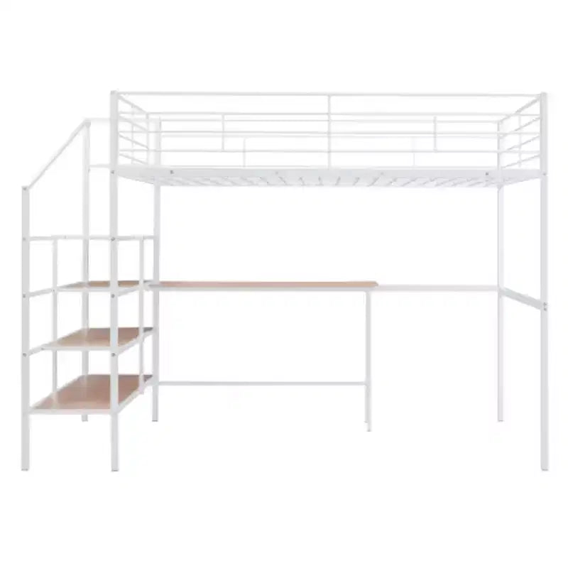 Cama alta metálica: matrimonial, escritorio, escalera con almacenamiento lateral