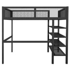 Cama alta de metal con 4 estantes, colchón de tamaño matrimonial