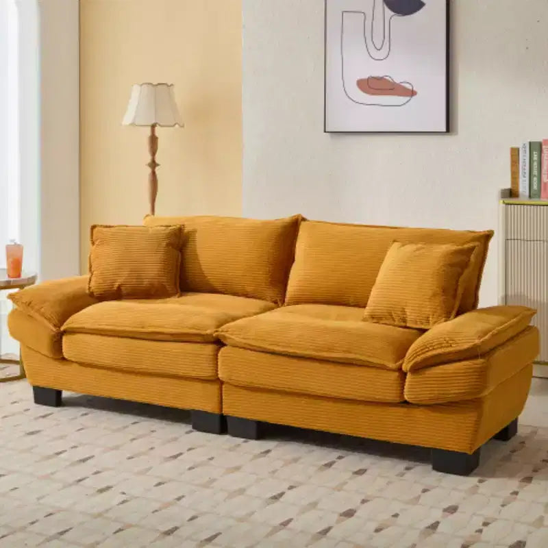 Elegante sofá de pana con asiento profundo: tamaño loveseat con almohadas y función de sofá cama