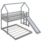 Litera tipo casita individual sobre matrimonial con tobogán y escalera incorporada, barandilla de longitud completa, gris