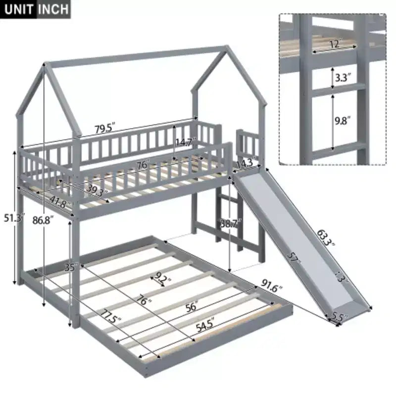 Litera tipo casita individual sobre matrimonial con tobogán y escalera incorporada, barandilla de longitud completa, gris