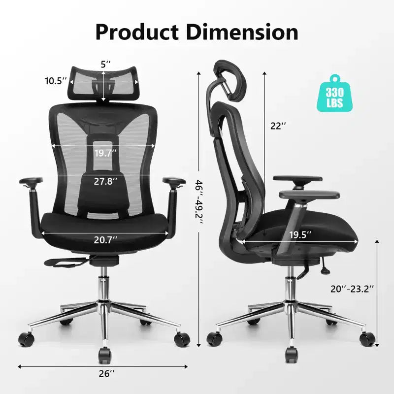 Silla de oficina ergonómica con reposacabezas 3D, apoyabrazos 2D, respaldo de malla, reclinación de 135 grados, silla de escritorio con capacidad de 330 lb y soporte lumbar dinámico