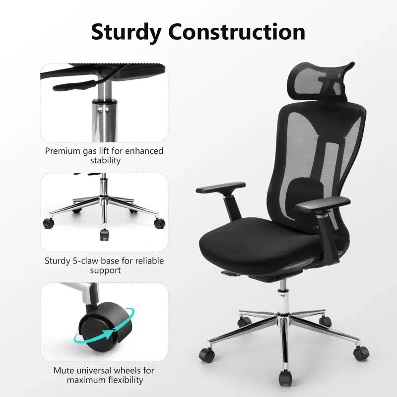 Silla de oficina ergonómica con reposacabezas 3D, apoyabrazos 2D, respaldo de malla, reclinación de 135 grados, silla de escritorio con capacidad de 330 lb y soporte lumbar dinámico