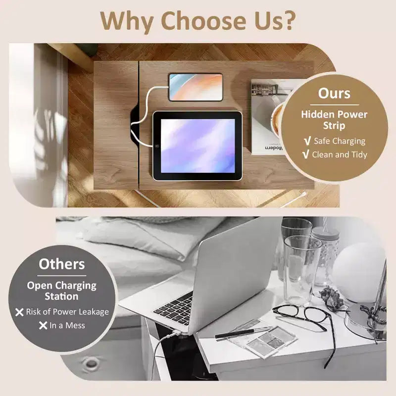 Costway Mesa auxiliar de 1/2 piezas con estación de carga, mesita de noche con tapa abatible, puertos USB y tomas de corriente, color marrón