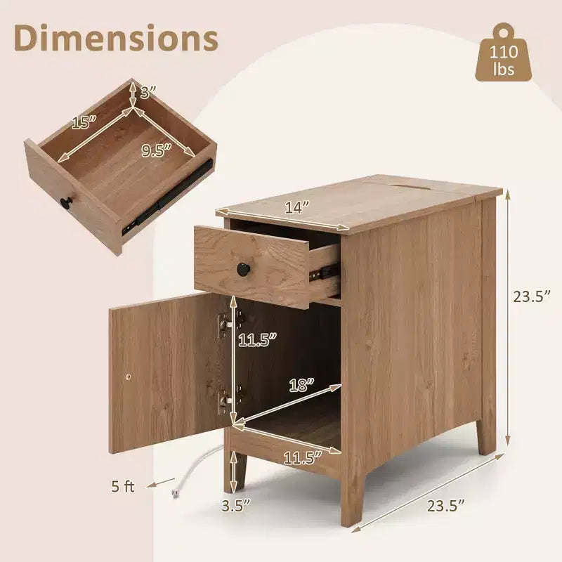 Costway Mesa auxiliar de 1/2 piezas con estación de carga, mesita de noche con tapa abatible, puertos USB y tomas de corriente, color marrón