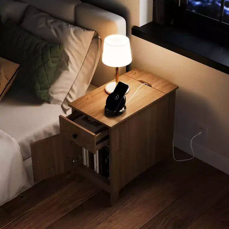 Costway Mesa auxiliar de 1/2 piezas con estación de carga, mesita de noche con tapa abatible, puertos USB y tomas de corriente, color marrón