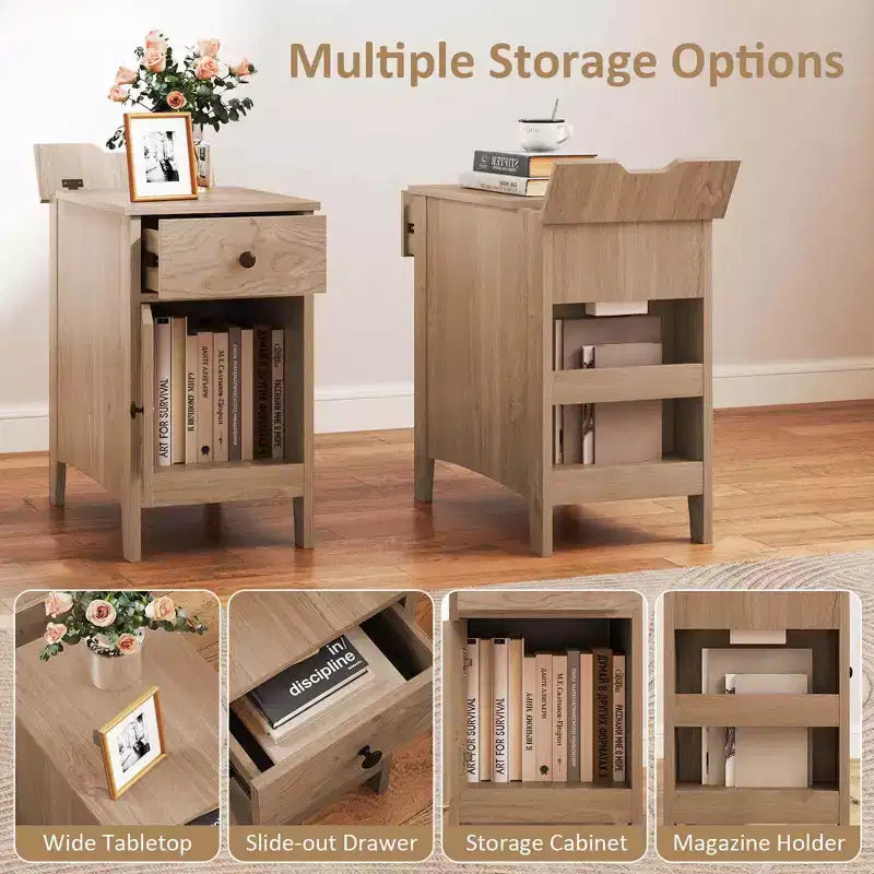 Costway Mesa auxiliar de 1/2 piezas con estación de carga, mesita de noche con tapa abatible, puertos USB y tomas de corriente, color marrón