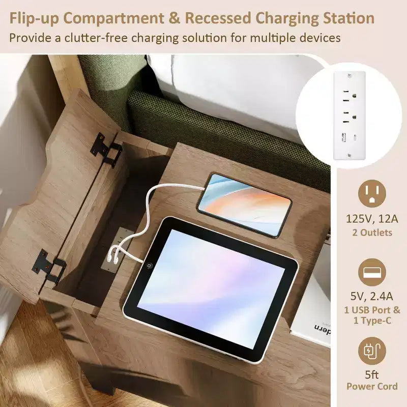 Costway Mesa auxiliar de 1/2 piezas con estación de carga, mesita de noche con tapa abatible, puertos USB y tomas de corriente, color marrón