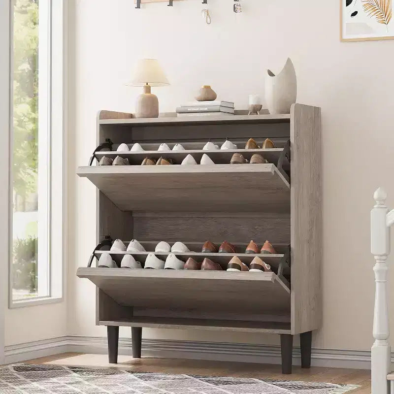 Zapatero de Madera con 2 Cajones Abatibles y Estante Ajustable, Mueble Zapatero para Entrada, Zapatero Oculto para Pasillo, Sala de Estar, Gris