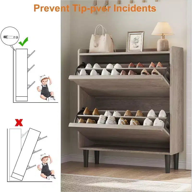 Zapatero de Madera con 2 Cajones Abatibles y Estante Ajustable, Mueble Zapatero para Entrada, Zapatero Oculto para Pasillo, Sala de Estar, Gris