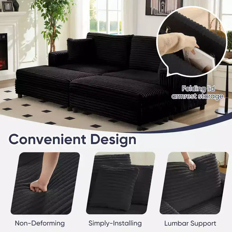 Mjkone Sillón Chaise Oversized para Interiores, Sofá Moderno Tapizado en Pana de 85 Pulgadas de Ancho con 2 Otomanas Móviles, Cómodo Sofá Perezoso