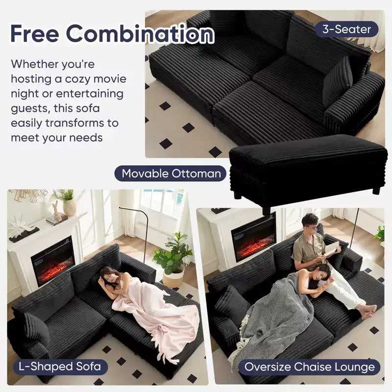 Mjkone Sillón Chaise Oversized para Interiores, Sofá Moderno Tapizado en Pana de 85 Pulgadas de Ancho con 2 Otomanas Móviles, Cómodo Sofá Perezoso