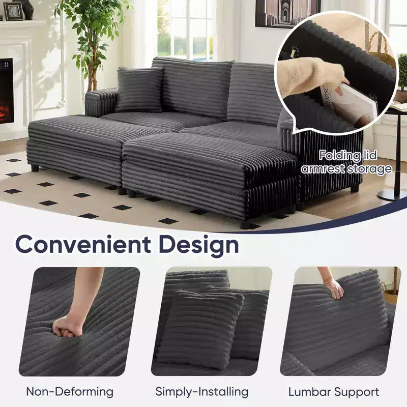 Mjkone Sillón Chaise Oversized para Interiores, Sofá Moderno Tapizado en Pana de 85 Pulgadas de Ancho con 2 Otomanas Móviles, Cómodo Sofá Perezoso
