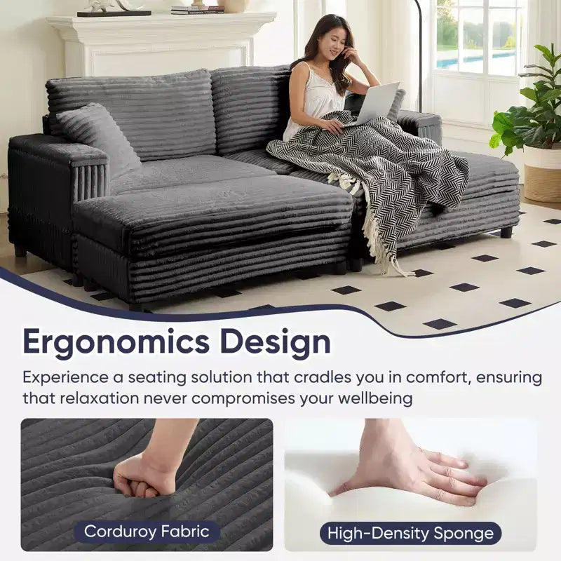 Mjkone Sillón Chaise Oversized para Interiores, Sofá Moderno Tapizado en Pana de 85 Pulgadas de Ancho con 2 Otomanas Móviles, Cómodo Sofá Perezoso