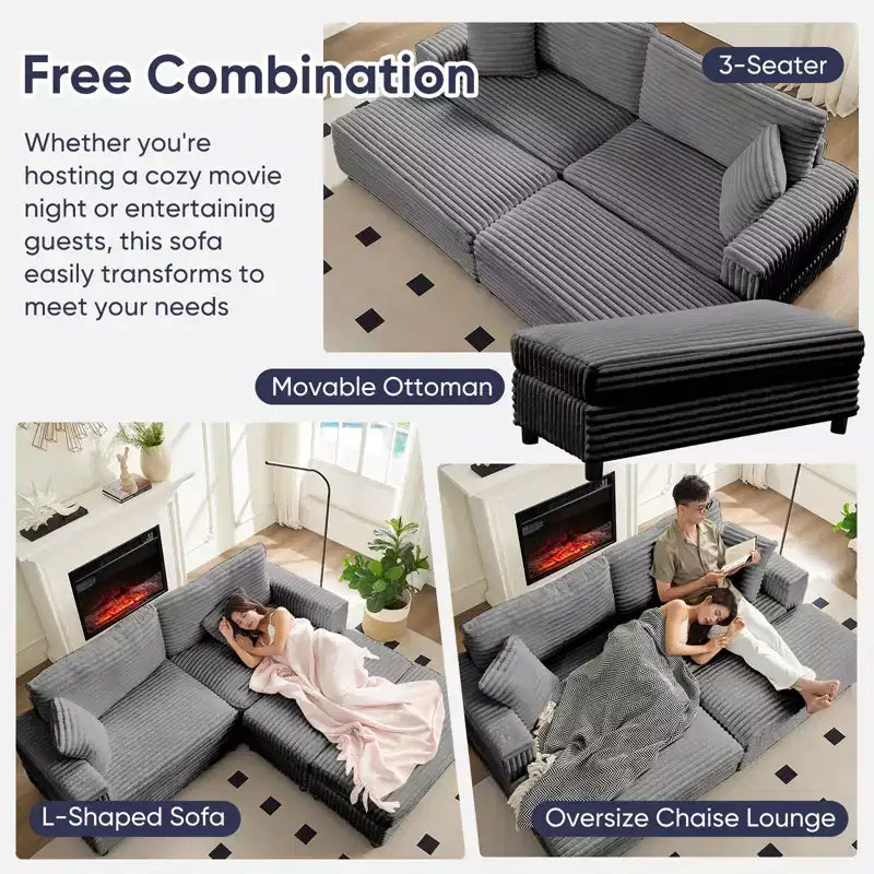 Mjkone Sillón Chaise Oversized para Interiores, Sofá Moderno Tapizado en Pana de 85 Pulgadas de Ancho con 2 Otomanas Móviles, Cómodo Sofá Perezoso