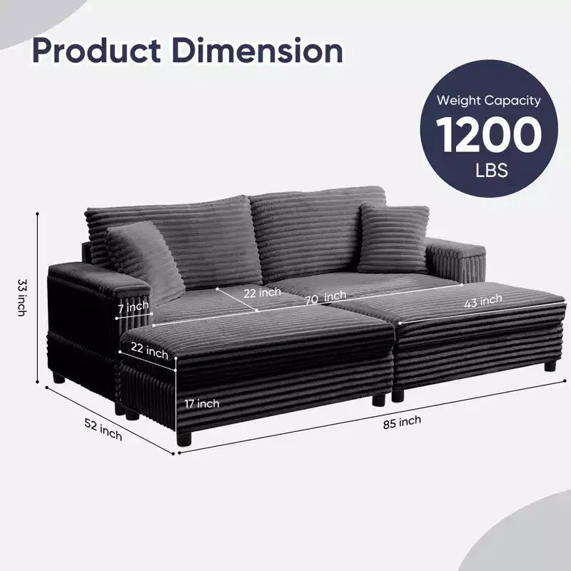 Mjkone Sillón Chaise Oversized para Interiores, Sofá Moderno Tapizado en Pana de 85 Pulgadas de Ancho con 2 Otomanas Móviles, Cómodo Sofá Perezoso