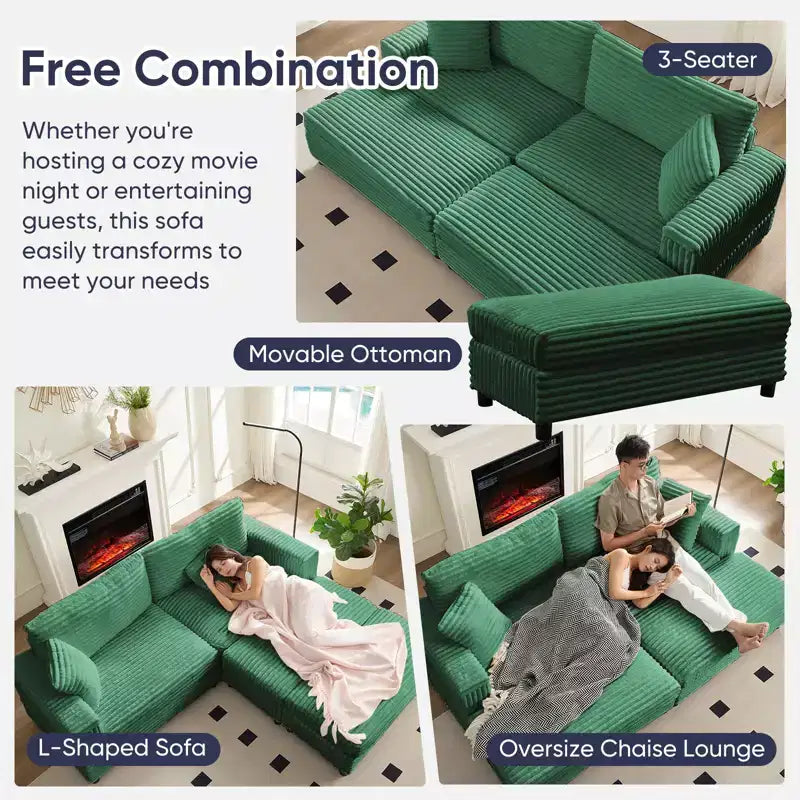 Mjkone Sillón Chaise Oversized para Interiores, Sofá Moderno Tapizado en Pana de 85 Pulgadas de Ancho con 2 Otomanas Móviles, Cómodo Sofá Perezoso