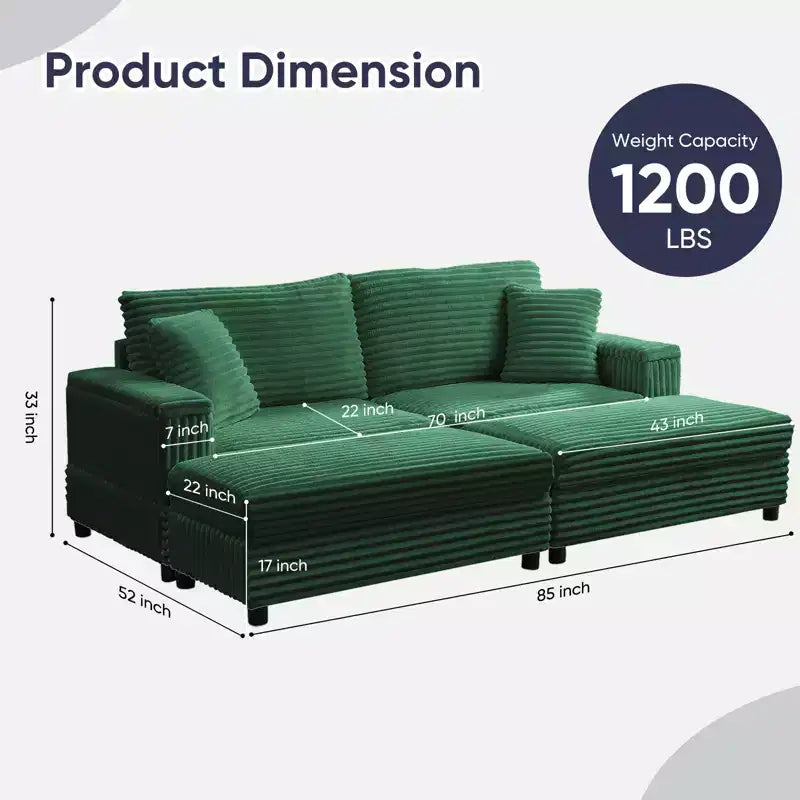 Mjkone Sillón Chaise Oversized para Interiores, Sofá Moderno Tapizado en Pana de 85 Pulgadas de Ancho con 2 Otomanas Móviles, Cómodo Sofá Perezoso