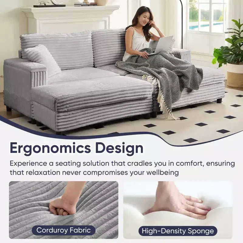 Mjkone Sillón Chaise Oversized para Interiores, Sofá Moderno Tapizado en Pana de 85 Pulgadas de Ancho con 2 Otomanas Móviles, Cómodo Sofá Perezoso
