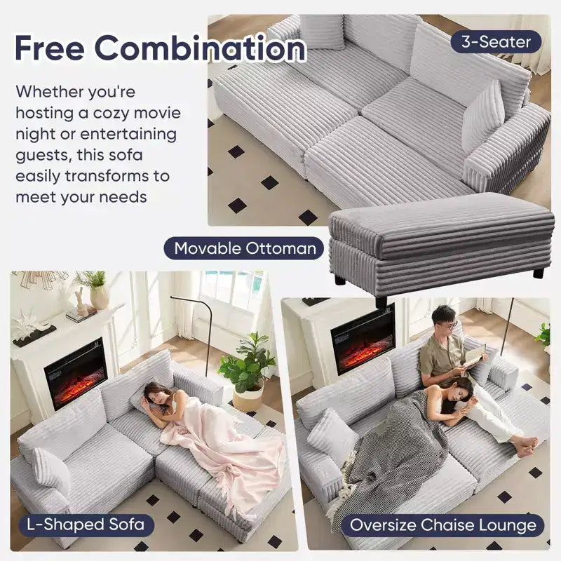 Mjkone Sillón Chaise Oversized para Interiores, Sofá Moderno Tapizado en Pana de 85 Pulgadas de Ancho con 2 Otomanas Móviles, Cómodo Sofá Perezoso