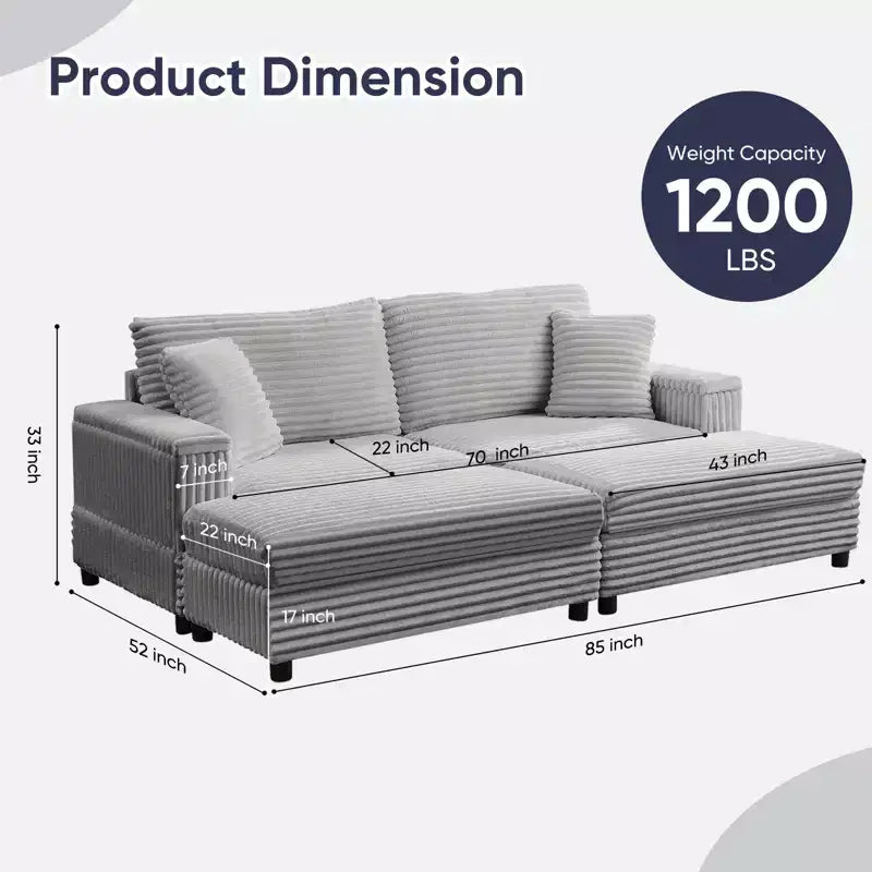 Mjkone Sillón Chaise Oversized para Interiores, Sofá Moderno Tapizado en Pana de 85 Pulgadas de Ancho con 2 Otomanas Móviles, Cómodo Sofá Perezoso
