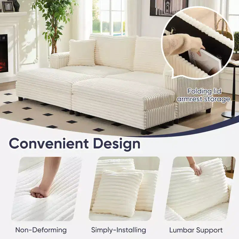 Mjkone Sillón Chaise Oversized para Interiores, Sofá Moderno Tapizado en Pana de 85 Pulgadas de Ancho con 2 Otomanas Móviles, Cómodo Sofá Perezoso