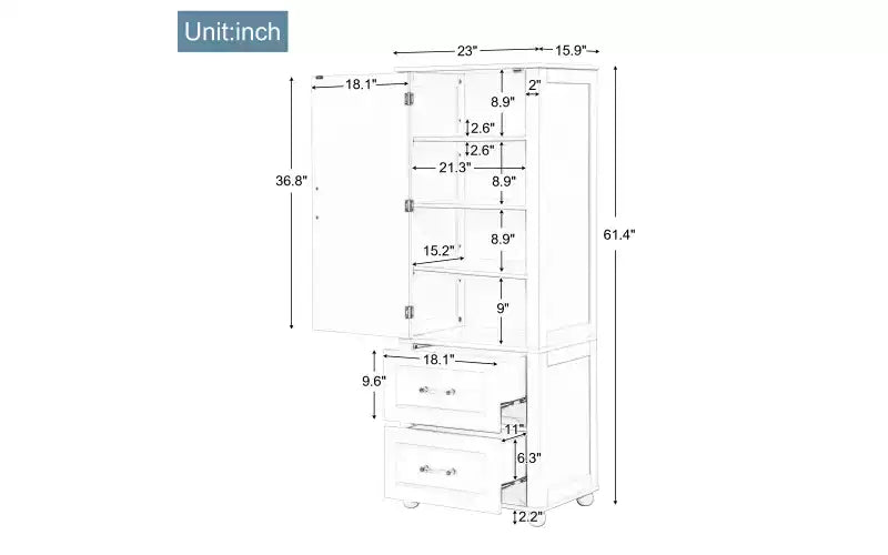 Whisen Mueble Alto de Almacenamiento para Baño, Armario Independiente con Dos Cajones y Estante Ajustable
