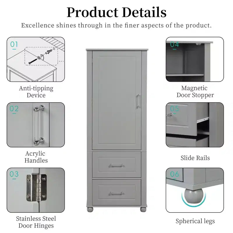 Whisen Mueble Alto de Almacenamiento para Baño, Armario Independiente con Dos Cajones y Estante Ajustable