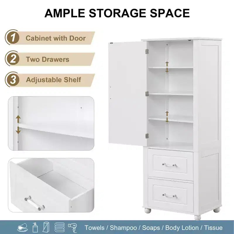 Whisen Mueble Alto de Almacenamiento para Baño, Armario Independiente con Dos Cajones y Estante Ajustable