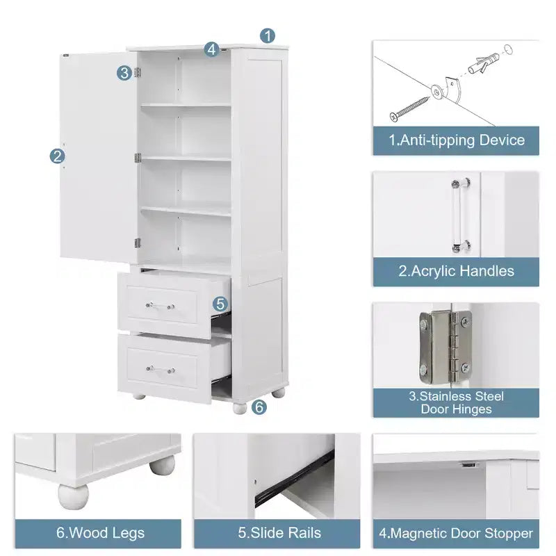 Whisen Mueble Alto de Almacenamiento para Baño, Armario Independiente con Dos Cajones y Estante Ajustable