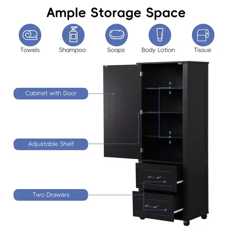 Whisen Mueble Alto de Almacenamiento para Baño, Armario Independiente con Dos Cajones y Estante Ajustable