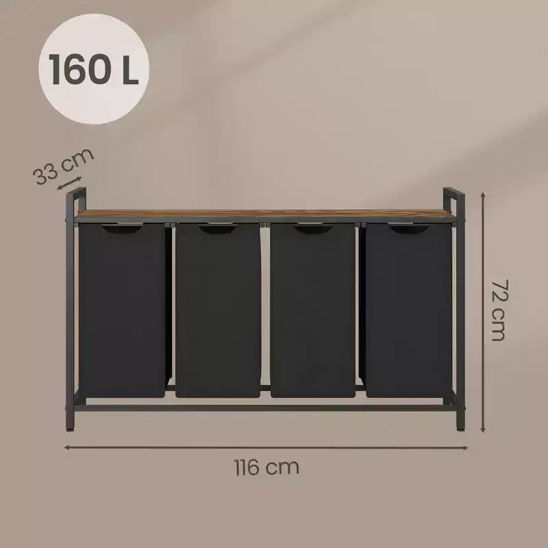 Cesto clasificador de ropa de 45.7 x 13 x 28.4 pulgadas, almacenamiento de cesta de ropa, clasificador de ropa con 4 bolsas extraíbles, estante, estructura de metal, (40L)