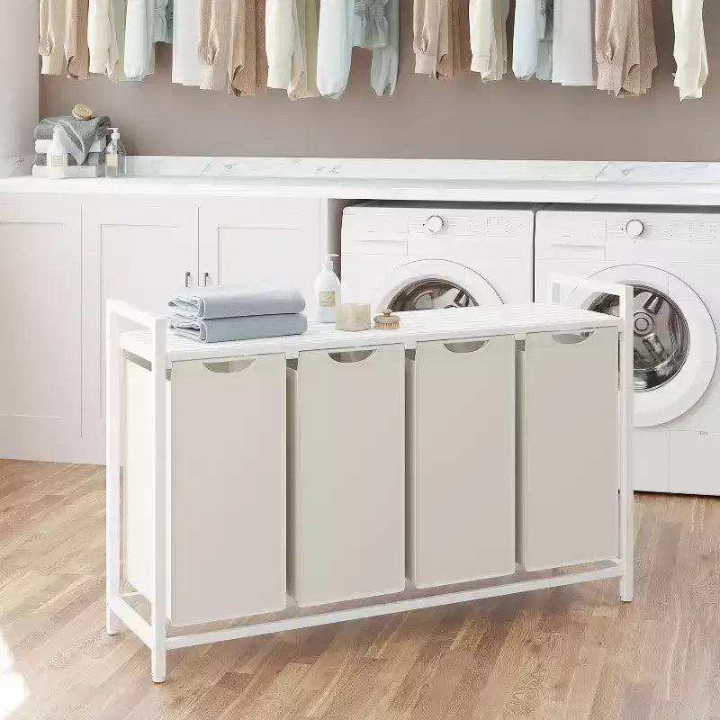 Cesto clasificador de ropa de 45.7 x 13 x 28.4 pulgadas, almacenamiento de cesta de ropa, clasificador de ropa con 4 bolsas extraíbles, estante, estructura de metal, (40L)