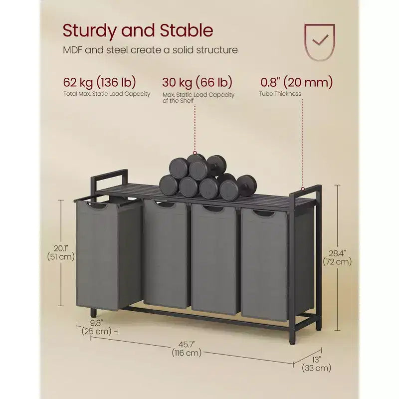 Cesto clasificador de ropa de 45.7 x 13 x 28.4 pulgadas, almacenamiento de cesta de ropa, clasificador de ropa con 4 bolsas extraíbles, estante, estructura de metal, (40L)