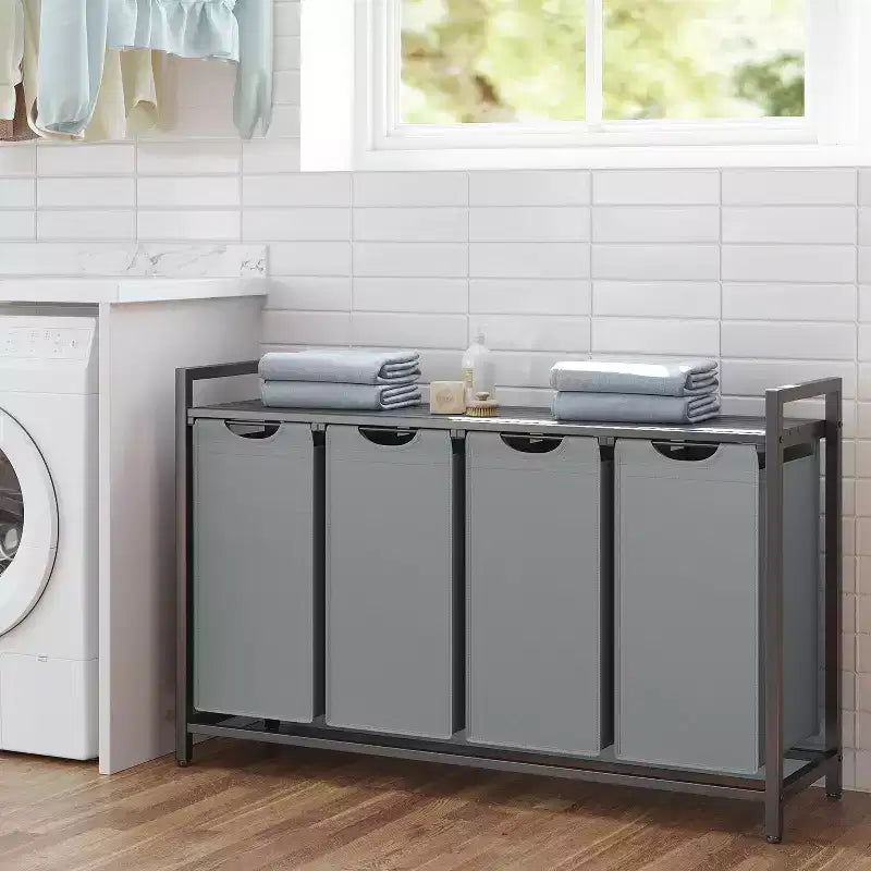 Cesto clasificador de ropa de 45.7 x 13 x 28.4 pulgadas, almacenamiento de cesta de ropa, clasificador de ropa con 4 bolsas extraíbles, estante, estructura de metal, (40L)