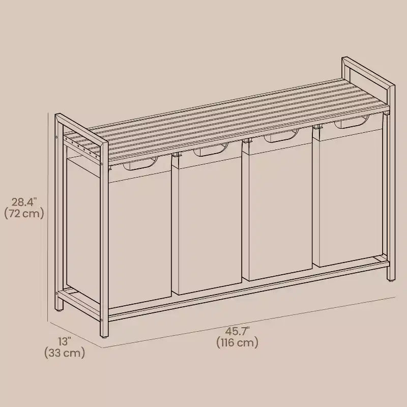 Cesto clasificador de ropa de 45.7 x 13 x 28.4 pulgadas, almacenamiento de cesta de ropa, clasificador de ropa con 4 bolsas extraíbles, estante, estructura de metal, (40L)