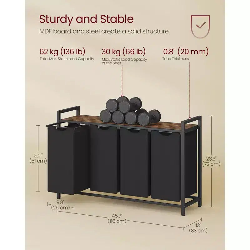 Cesto clasificador de ropa de 45.7 x 13 x 28.4 pulgadas, almacenamiento de cesta de ropa, clasificador de ropa con 4 bolsas extraíbles, estante, estructura de metal, (40L)