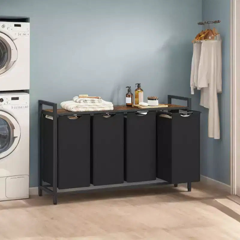 Cesto clasificador de ropa de 45.7 x 13 x 28.4 pulgadas, almacenamiento de cesta de ropa, clasificador de ropa con 4 bolsas extraíbles, estante, estructura de metal, (40L)