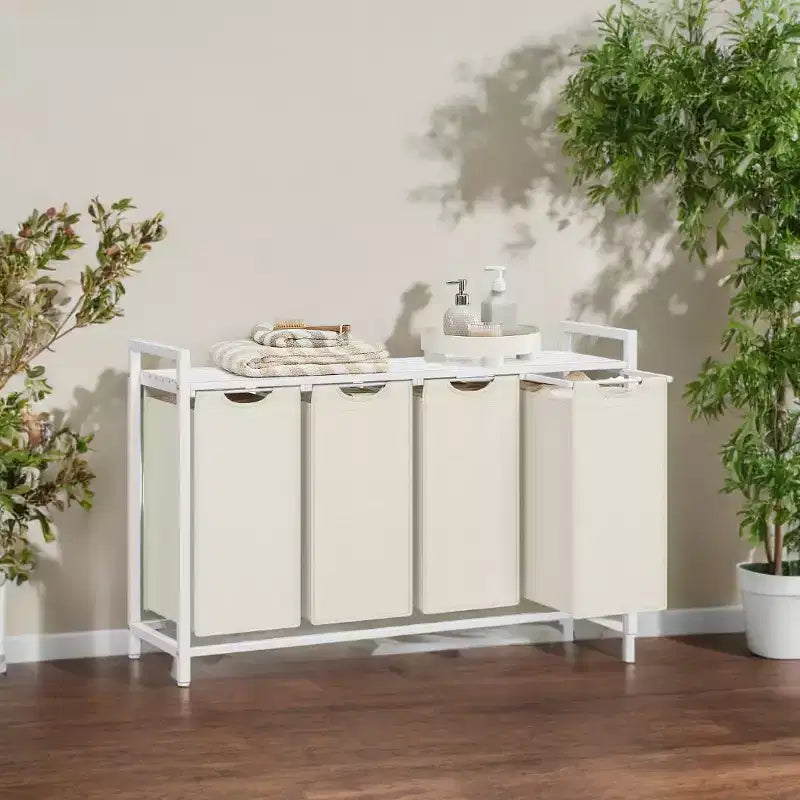 Cesto clasificador de ropa de 45.7 x 13 x 28.4 pulgadas, almacenamiento de cesta de ropa, clasificador de ropa con 4 bolsas extraíbles, estante, estructura de metal, (40L)