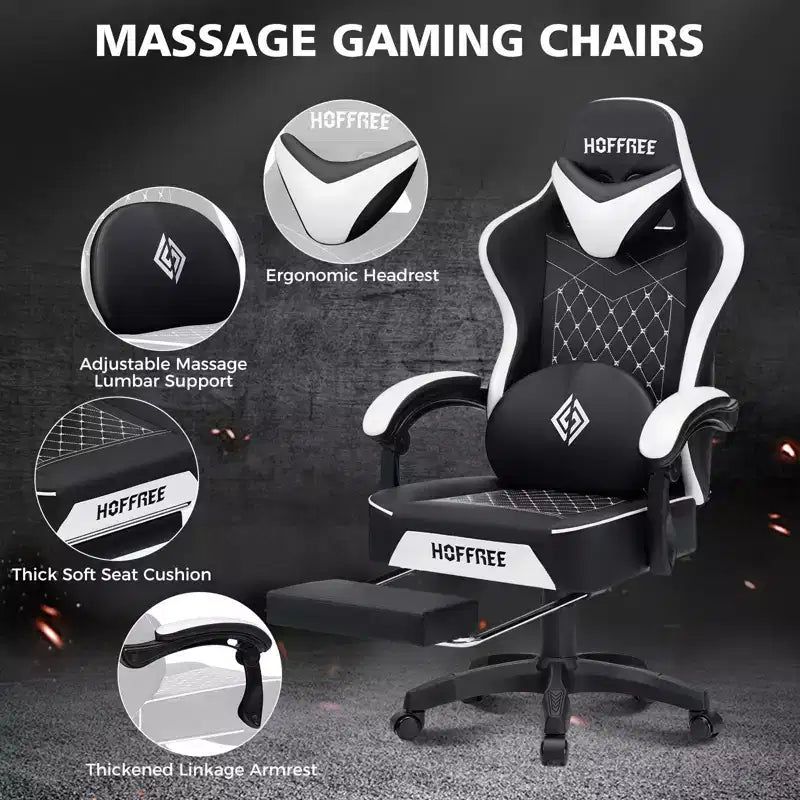 Silla ergonómica Hoffree de piel para juegos y masajes, para oficina, PC, con reposapiés y ajustable