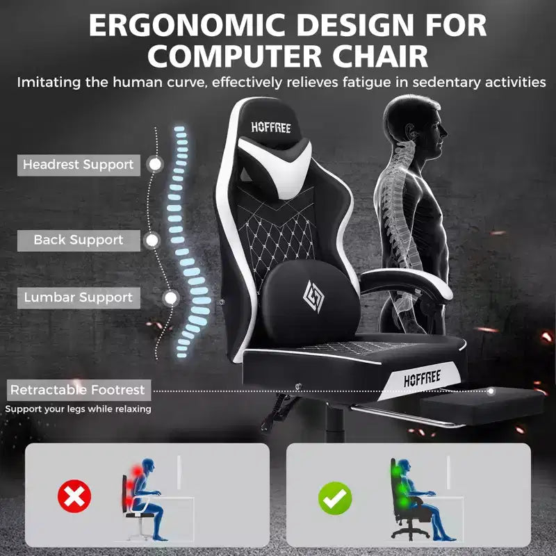 Silla ergonómica Hoffree de piel para juegos y masajes, para oficina, PC, con reposapiés y ajustable