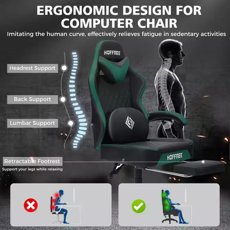 Silla ergonómica Hoffree de piel para juegos y masajes, para oficina, PC, con reposapiés y ajustable