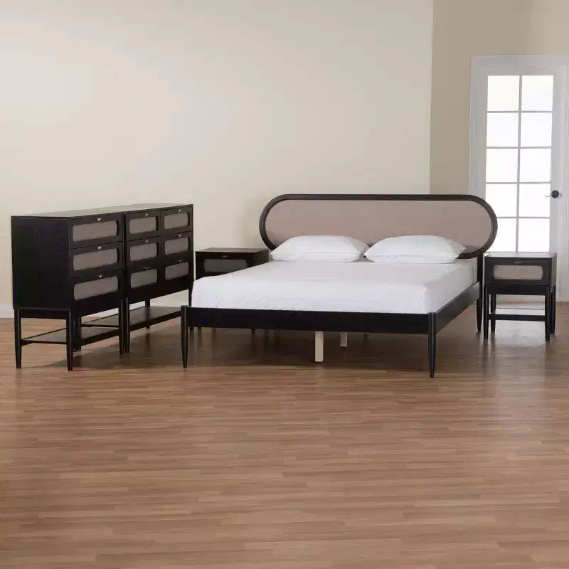 Juego de dormitorio de 5 piezas Baxton Studio Shirin de tela beige y madera negra, tamaño Queen, estilo de mediados de siglo