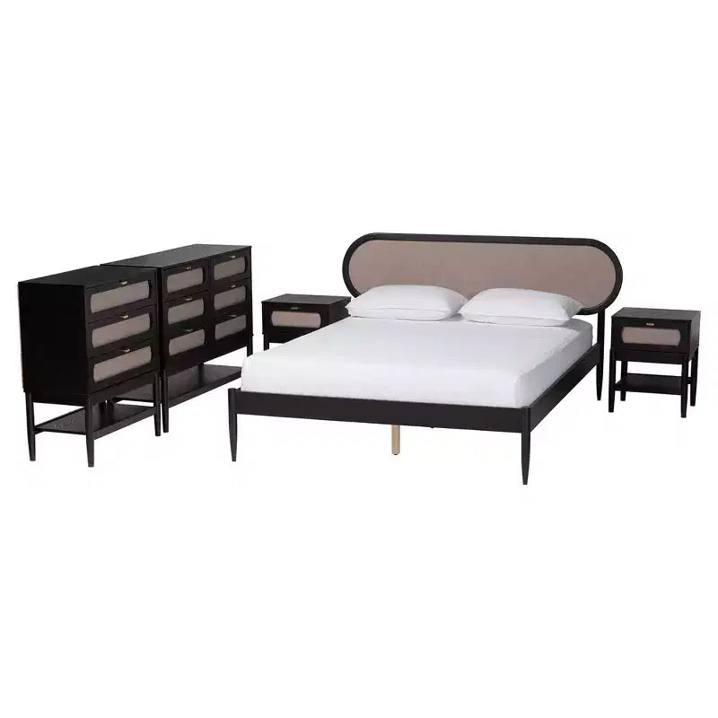 Juego de dormitorio de 5 piezas Baxton Studio Shirin de tela beige y madera negra, tamaño Queen, estilo de mediados de siglo