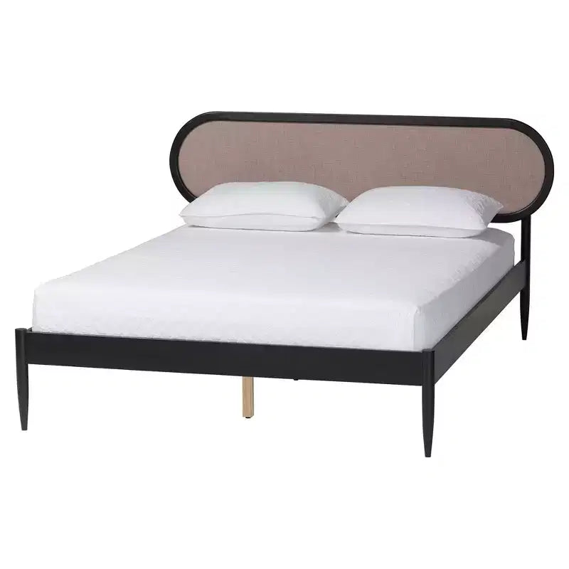 Juego de dormitorio de 5 piezas Baxton Studio Shirin de tela beige y madera negra, tamaño Queen, estilo de mediados de siglo